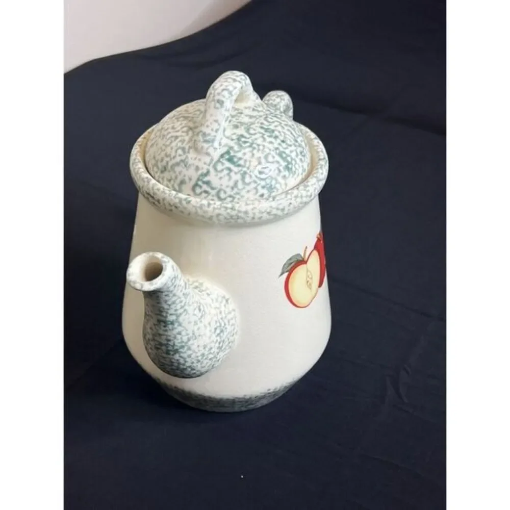 T.H.T. 1995 Sponge Green Apple Design Large Handle Lid Stoneware  Coffee Tea Pot